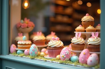 A shop window of a pastry shop or bakery decorated for Easter. Easter cakes and painted eggs in festive gift wrapping are displayed in the shop window. Preparation for Easter. Family traditions of Eas