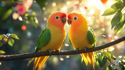 Colorful Parrots Gaze at Each Other in Bright Natural Setting
