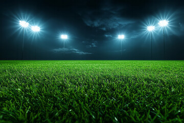 A dynamic freeze-frame highlighting the shadow patterns cast across the grass from multiple stadium lights, underscoring the emptiness of the field,