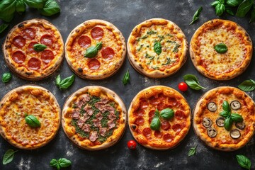Various delicious pizzas presented on a dark surface with fresh basil garnishes and vibrant toppings for a culinary showcase