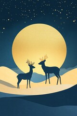 Two deer silhouettes under a golden moon at night.