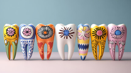 A creative concept combining dental imagery and cultural patterns, where each tooth is painted in a unique folk motif, set against a soft pastel backdrop,
