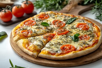 Freshly baked pizza with tomatoes and basil on a wooden board in a bright kitchen setting