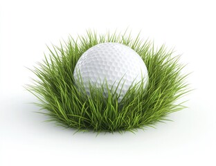 Golf ball nestled in green grass, white background; sports imagery
