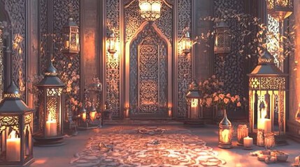 exquisite moroccan interior with moorish architecture and ornate lanterns illuminating warm candlelit middle eastern palace evoking an arabian nights mystical romantic ambiance