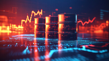 Oil barrels with digital financial data overlay representing global trade and investment in the oil and energy markets, symbolizing market trends and commodity trading.