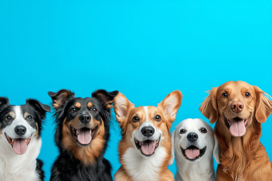 A bright studio shot showcasing a lineup of five distinctly different dog breeds, all simultaneously cocking their heads toward the camera against a vibrant blue backdrop,