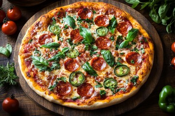 Freshly baked pepperoni pizza topped with vegetables on a wooden board in a cozy kitchen setting