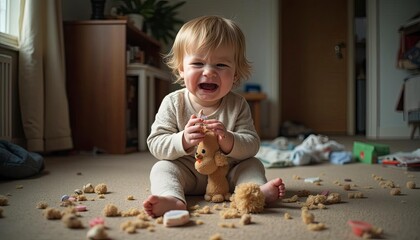 A little child crying while holding a broken toy