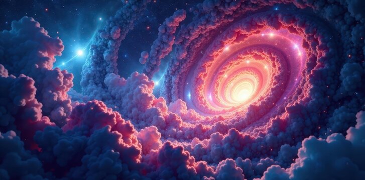 Swirling galaxies collapse into a vortex of colors, blue, distortion, wormholes