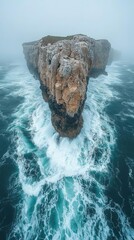 Isolated Rocky Island in Foggy Ocean Aerial View