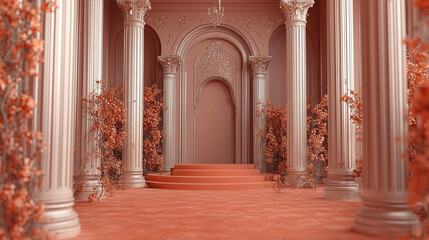 Discover elegant, rose gold columns in a coral colored room with a round podium and three-tiered platform enhanced by intricate floral decor and classical architectural background