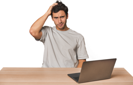 Hispanic young man working on laptop tired and very sleepy keeping hand on head. - Powered by Adobe