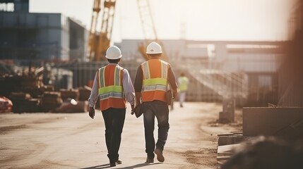 Two construction workers in safety gear walk across a construction site, surrounded by machinery and structures, bathed in warm light.