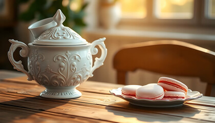 Elegant white porcelain teapot, pastel pink macarons, wooden table, soft sunlight, warm golden glow, delicate pastries, vintage tea set, cozy afternoon tea, dreamy atmosphere, shallow depth of field, 