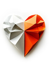 Origami style geometric heart split into white and orange halves, displayed on a white background. Concept of unity and duality, Valentines Day, romantic, holiday, DIY. Vertical orientation
