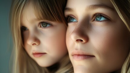 Fototapeta premium Close-Up Portrait of Two Sisters with Blue Eyes – Emotional Family Bond