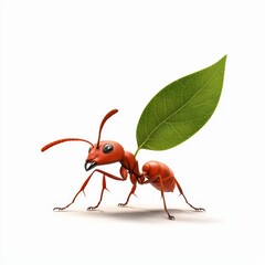 Realistic 3D Render of Leaf-Carrying Ant with Detailed Features and Bright Colors on White Background