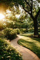 Obraz premium Sunlit Garden Path Winding Through Lush Greenery