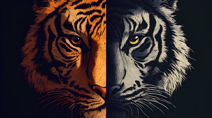 Half-Orange, Half-Black Tiger Face Digital Illustration – Powerful Wildlife Art