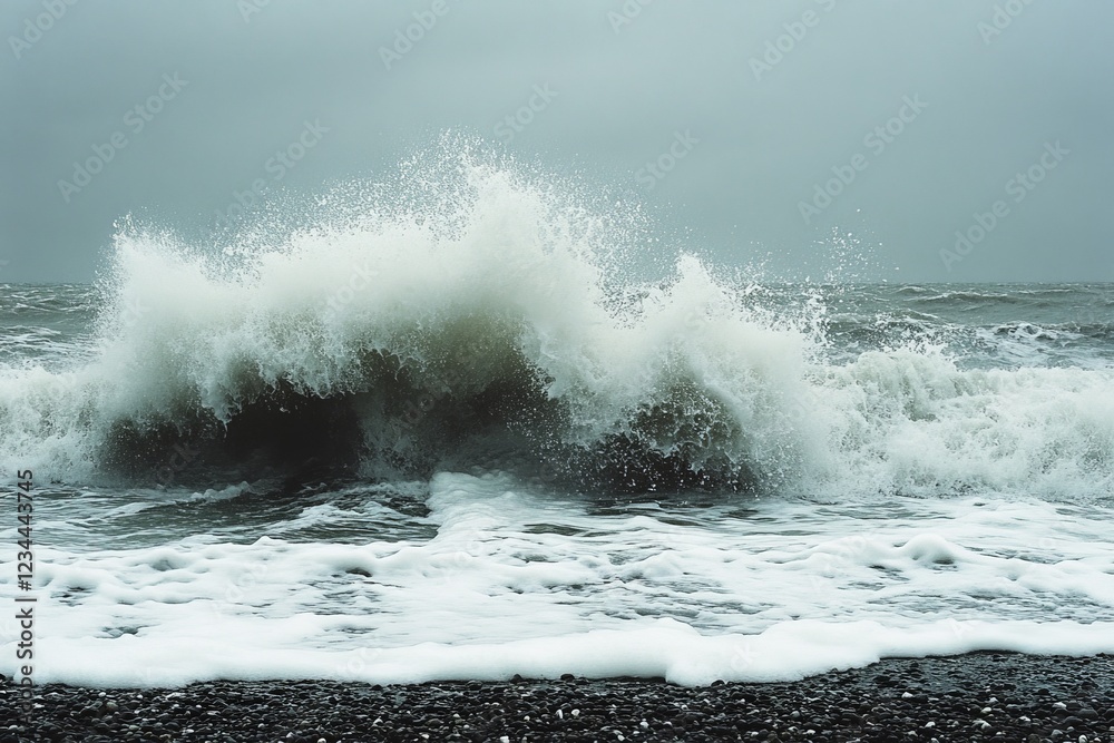Poster powerful ocean waves crash dramatically against the rocky shore on a cloudy day