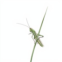 Detailed Illustration of a Green Grasshopper Perched on a Leaf Against a White Background