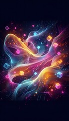 Neon glowing rectangles with a background filled with wires and whips.