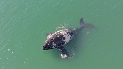 Naklejka premium Gray whale gracefully swims in clear coastal waters during sunny daylight hours