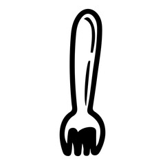 Baby fork. Hand drawn doodle. Child's cutlery. Special safe tableware made of plastic or wood. Childhood. Vector line art illustration.
