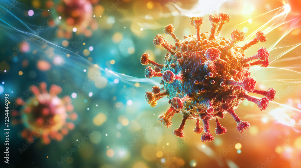 Poster A digital representation of a virus under a microscope, with virus particles and molecular structures illuminated in a colorful abstract background, symbolizing health and disease.