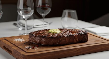 Juicy Grilled Steak on Wooden Board Fine Dining