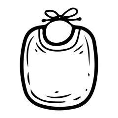 Baby bib. Hand drawn doodle. Breastplate. Feeding a small child. Textile item with ties. Childhood. Vector line art illustration.