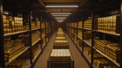 Fototapeta premium Rows of shiny gold bars neatly stacked inside a high-tech vault, emphasizing wealth, safety, and financial power.