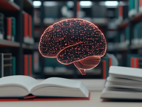 A digital brain overlay hovers above an open book in a library, symbolizing knowledge, learning, and the intersection of technology and education.