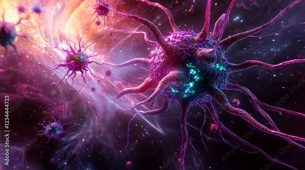 Poster A vibrant and colorful close-up view of nerve cells or neurons in a galaxy-like environment, symbolizing the complexity and mystery of the human brain and neural networks.