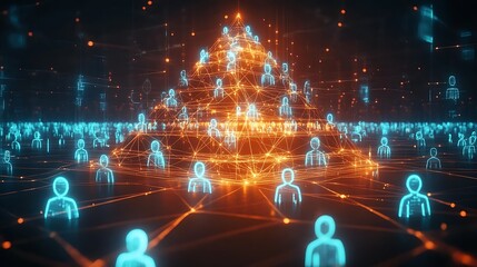 Fototapeta premium Abstract Team Pyramid Network Orange and Blue Digital People Figures in Dark Background
