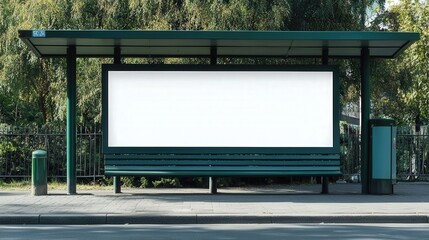 Fototapeta premium Empty White Poster Space at Outdoor Bus Stop, Ideal for Advertising, Blank Surface for Creative Designs and Promotional Displays in Urban Setting