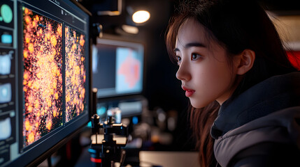 A scientist using a high-powered electron microscope, with detailed screens displaying magnified particles, during a nanoscale investigation