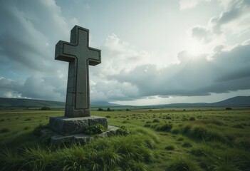Stone cross in grassy field under cloudy sky.