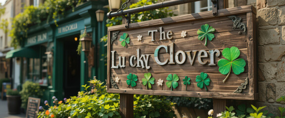 Rustic wooden pub sign of 'The Lucky Clover' with green shamrocks.