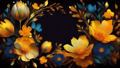 beautiful spring flowers frame border on black background graphic resource with copy space for text