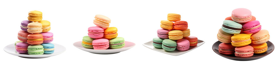 Colorful macarons in plate isolated on transparent background, PNG, Set of