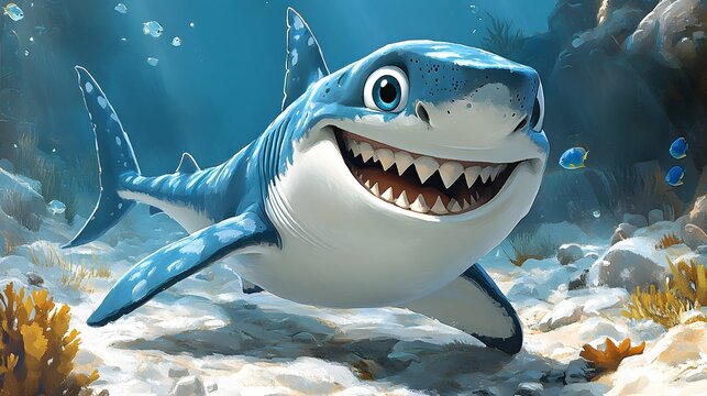 Funny cartoon shark with a friendly smile, bright and bold ocean colors
