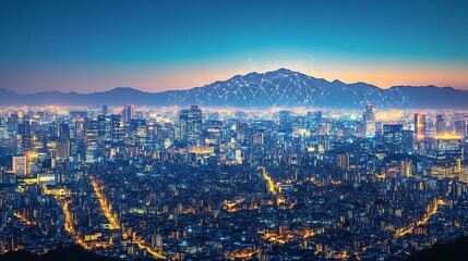 Fototapeta premium Cityscape at night with glowing network overlay on mountains and illuminated buildings