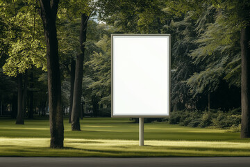 White advertising space mockup displayed in a serene park surrounded by lush greenery during daylight