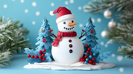 Fototapeta premium Delightful handmade paper snowman card featuring intricate details, vibrant colors, and a festive design, perfect for spreading holiday cheer and celebrating the winter season
