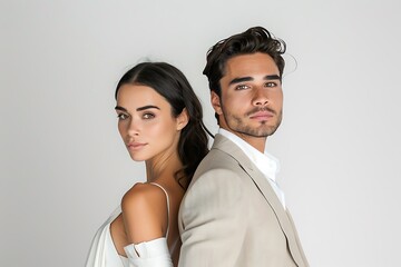 Elegant Couple in Stylish Attire Posing Back to Back with Confidence