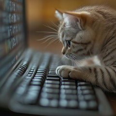 curious cat intently types on laptop keyboard, showcasing its playful nature and sharp focus. scene captures charm of pet exploring technology