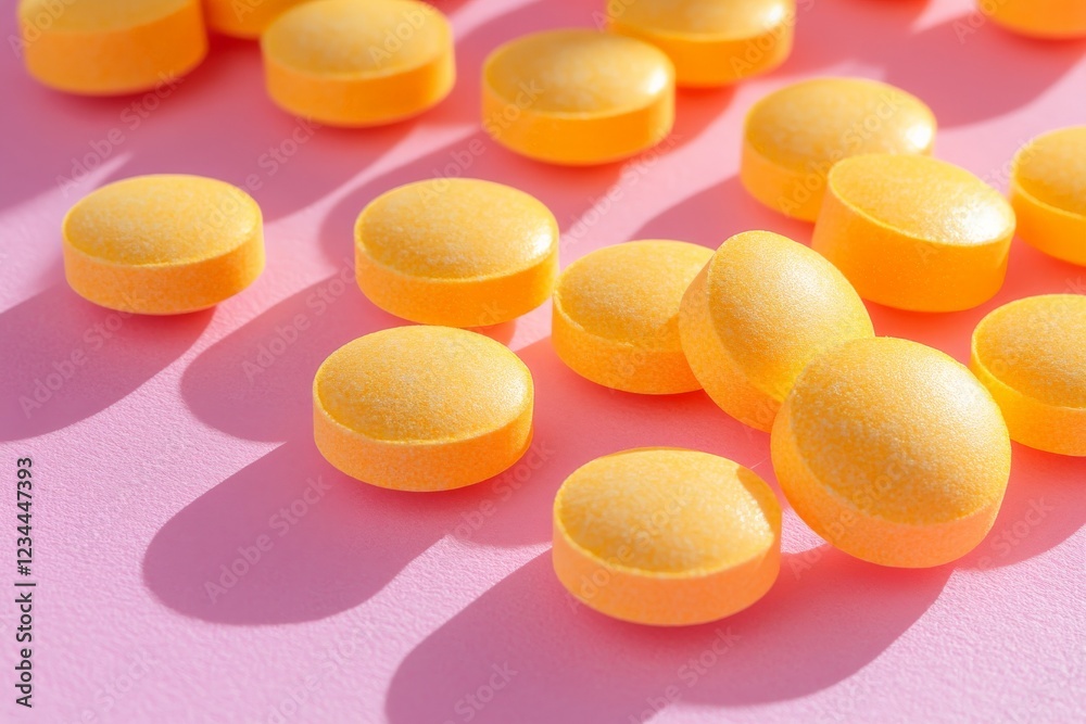 Poster Yellow round tablets scattered on a bright pink surface with soft shadows creating visual interest and depth