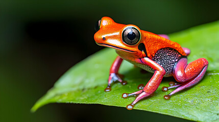 Fototapeta premium Red frog rainforest leaf closeup jungle wildlife